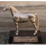 A SILVER PLATED BRONZE STATUE 'Hello Dandy', raised on a marble base. (8" x 6")