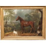 GEORGE GARRARD, 1760 - 1826, OIL ON CANVAS Chestnut horse with a Terrier in a landscape, contained