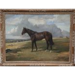 NINA COLEMORE, M.B.E., 1889 - 1973, OIL ON CANVAS Bay horse with racehorse trainer in a landscape
