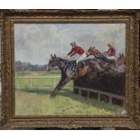 PETER BIEGEL, B. 1913 - 1988, OIL ON CANVAS Titled 'The Chase Red Alligator, with Red Rum in