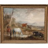 JOHN FERNELEY SNR, OIL ON CANVAS Mares and Foals in a landscape, contained in a swept frame. (34"