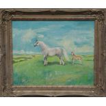 VIRGINIA BOOTH-JONES, CONTEMPORARY, OIL ON BOARD Horses in a summer landscape, signed and