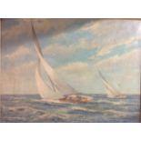 A 20TH CENTURY OIL ON CANVAS Yachting off the coast, signed lower right and framed. (60cm x 80cm)