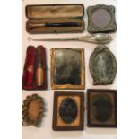 A MIXED LOT TO INCLUDE A GOLD AND A SILVER MOUNTED CASED CHEROOTS Miniature silver picture frames