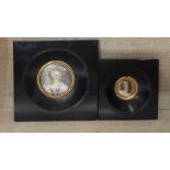 TWO EARLY 20TH CENTURY MINIATURE PORTRAITS In gilt mounted ebonised frames. (largest 10.6cm x 10.