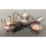 E.P.B.M., AN EARLY 20TH CENTURY THREE PIECE SILVER PLATED TEA SERVICE Comprising a teapot, sugar