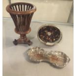 A 19TH CENTURY SILVER PLATED PIERCED BASKET With faux tortoiseshell base, along with candle snuffers