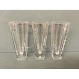 ORREFORS, THREE SWEDISH FACETED CRYSTAL VASES.