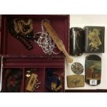 A 19TH CENTURY PAPIER MACHÉ GLASSES CASE ALONG WITH COSTUME JEWELLERY, ETC.