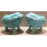 WARDLE, A PAIR OF CIRCA 1930'S TURQUOISE GLAZED THREE LEGGED TOAD SPOON WARMERS One stamped below '