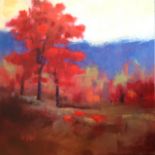 A LARGE CONTEMPORARY ACRYLIC ON CANVAS Wooded landscape, the foliage in bright shades of scarlet,