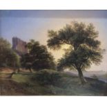 A 19TH CENTURY OIL ON CANVAS English landscape, a treelined path with buildings on a hill top