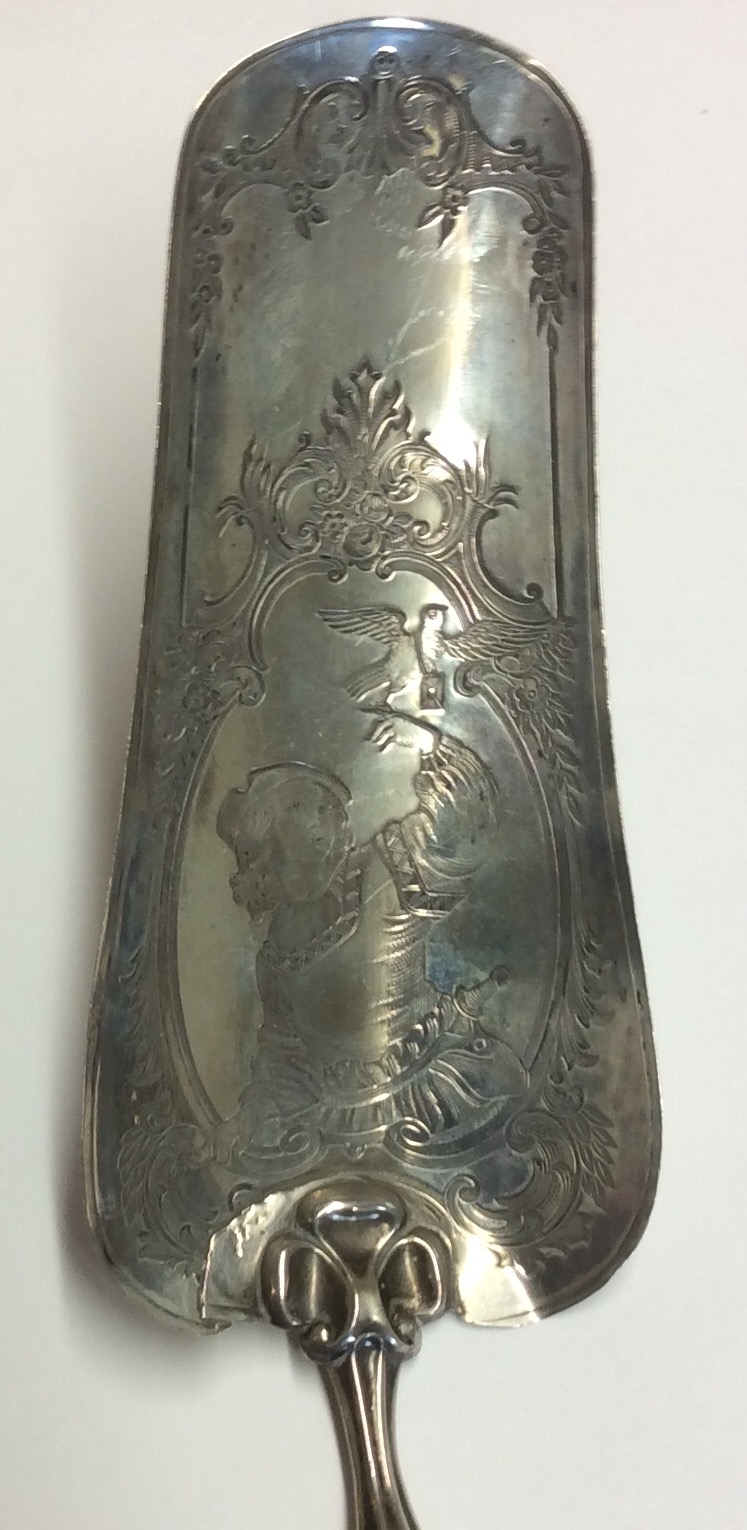 AN 18TH/19TH CENTURY DUTCH SILVER CAKE SLICE Bearing an engraving of a young gentleman in period - Image 2 of 2