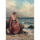 HERBERT SIDNEY PERCY, A 19TH CENTURY OIL ON PANEL Coastal scene, a lady in period dress on a rocky