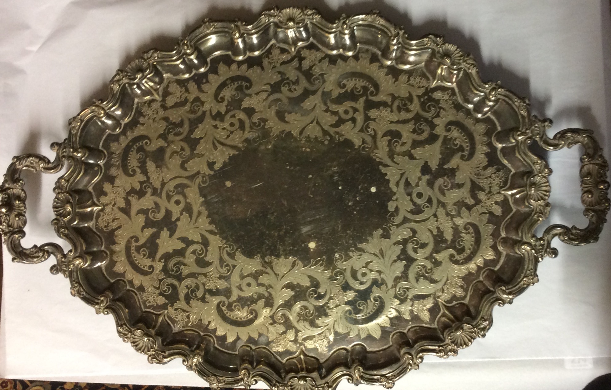 A LARGE EARLY 20TH CENTURY AMERICAN SILVER PLATED BUTLER'S TRAY Having twin handles with shell
