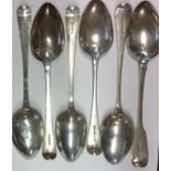 A COLLECTION OF SIX GEORGIAN SILVER TABLESPOONS London hallmarks W.E. 1776, W.S. 1791, W.C. 1827.
