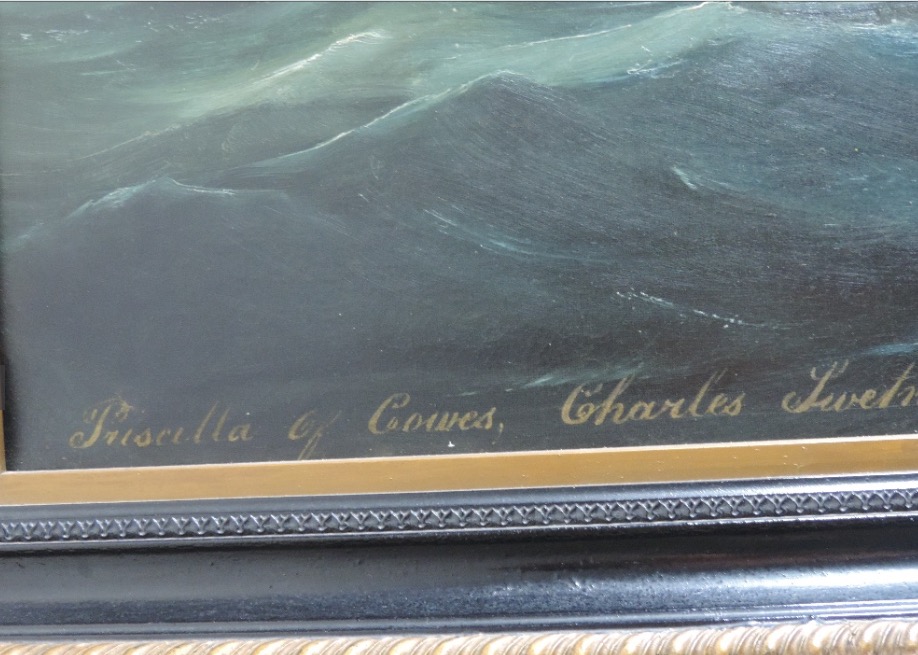 JOHN HUDSON, 1829 - 1897, OIL ON CANVAS Priscilla of Cowes in full sail, inscribed 'Charles Livetman - Image 2 of 4