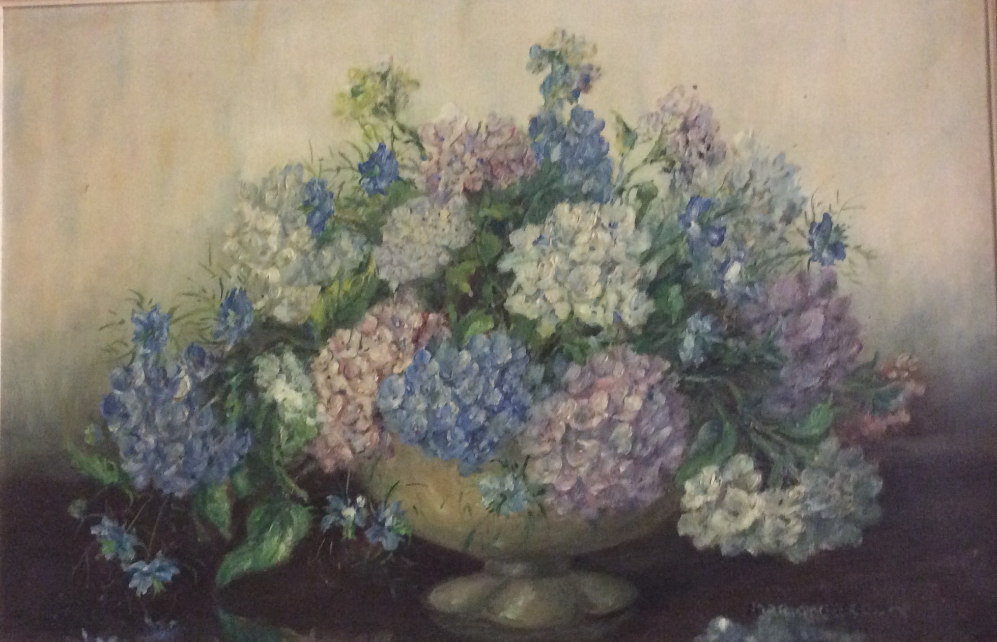 MARION BROOM, EXHIBITED 1925 - 1939, OIL ON CANVAS Still life, a basket of flowers, including
