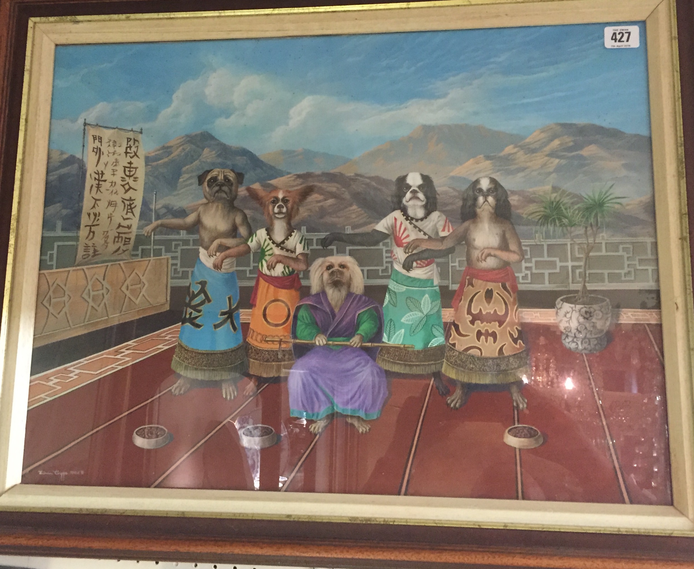 EDWIN CRIPPS, A 20TH CENTURY OIL ON CANVAS Dogs in Oriental dress. (61cm x 46cm)