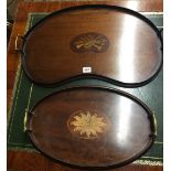 TWO EDWARDIAN MAHOGANY AND MARQUETRY INLAID SERVING TRAYS.