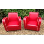 JEAN RENOIR, A PAIR OF STYLISH 'FERRARI RED' LEATHER CLUB ARMCHAIRS With ivory piping. (80cm high,
