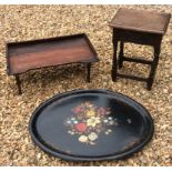 A VICTORIAN PAPIER MÂCHÈ TRAY Hand painted and decorated in mother of pearl, together with an oak