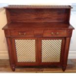 AN EARLY 19TH CENTURY MAHOGANY CHIFFONIER Of two drawers, above doors inset with non pleated silk