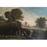 A 19TH CENTURY ENGLISH SCHOOL OIL ON PANEL Shepherds resting in a classical landscape, burr walnut