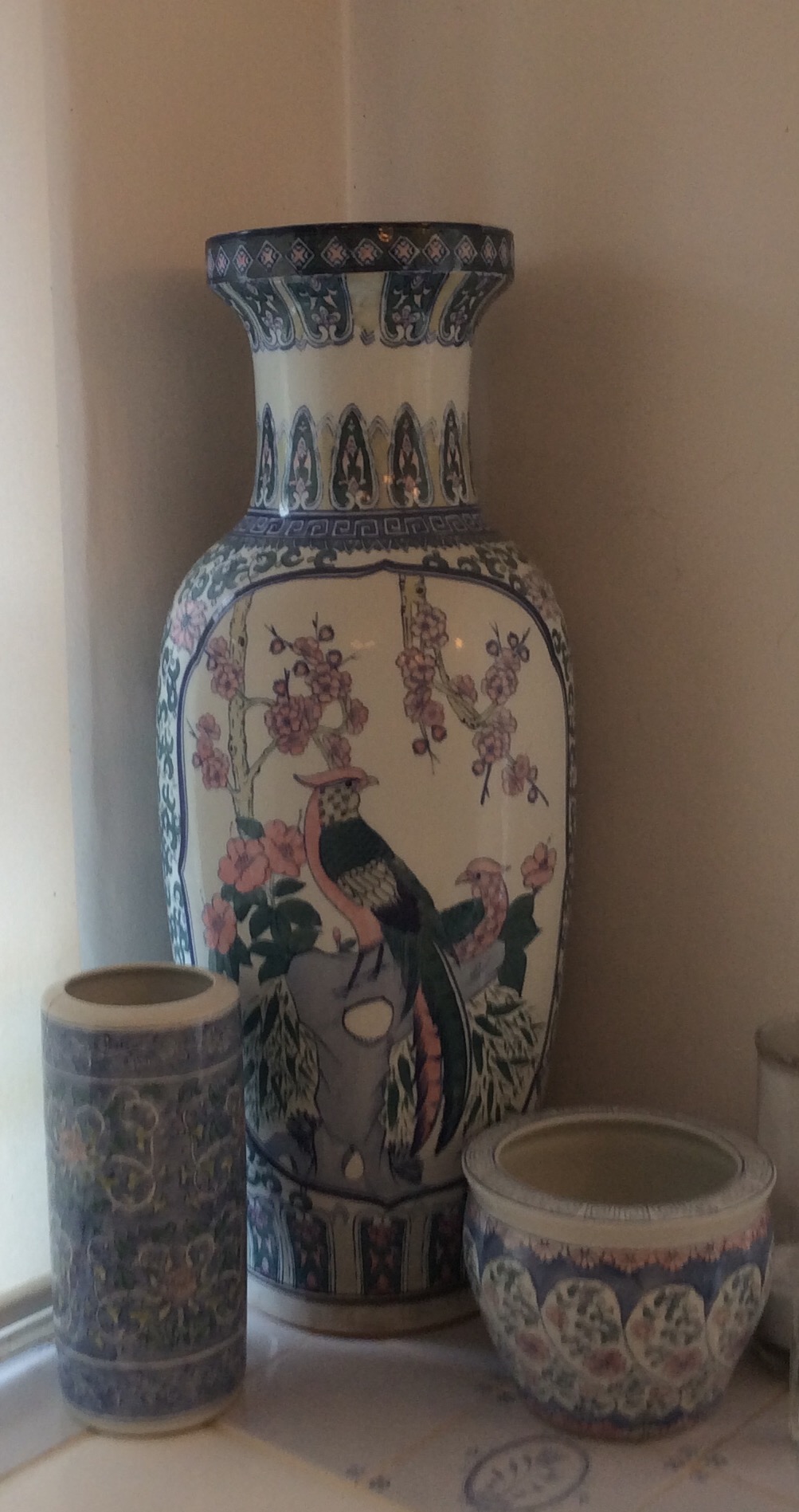 A LARGE 20TH CENTURY CHINESE PORCELAIN VASE Painted with two exotic birds, surrounded by prunus