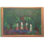 A CONTINENTAL SCHOOL OIL ON CANVAS Brazilian landscape, figures, walking in an exotic garden, signed