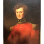 AN EARLY 19TH CENTURY OIL ON CANVAS Portrait of a military gentleman, wearing a bright red tunic