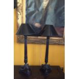 A PAIR OF REGENCY DESIGN TABLE LAMPS AND SHADES With turned columns, figured with heavy lion paw