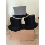 TWO BLACK AND ONE GREY TOP HAT.