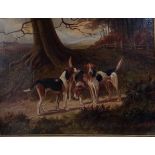 E. ENGLAND, A 19TH CENTURY OIL ON CANVAS Landscape, country scene, hunting dogs beneath an oak tree,