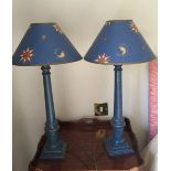 A PAIR OF CHINESE DESIGN BLUE AND WHITE TABLE LAMPS AND SHADES. (63cm)