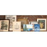 A COLLECTION OF 19TH CENTURY AND LATER PRINTS To include a coaching scene, walnut framed, a Memorial