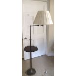 A HEAVY BRASS AND MAHOGANY STANDARD LAMP AND SHADE With gallery. (157cm)