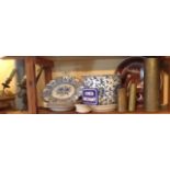 A COLLECTION OF CERAMIC AND BRASS ITEMS To include a blue and white jardiniere pot and stand, a hand