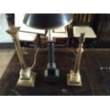 TWO ONYX AND BRASS LAMPS Having a classical column design, with reeded central columns and stepped