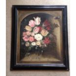 A 20TH CENTURY OIL ON BOARD Still life, a glass vase of pink tulips and chrysanthemums. (approx 53cm