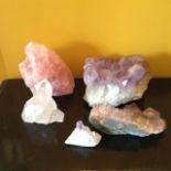 A COLLECTION OF THREE AMETHYST CRYSTAL FRAGMENTS Together with a pink and clear quartz fragments.