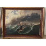 A 19TH CENTURY ENGLISH SCHOOL OIL ON CANVAS Fishing boats in a very stormy sea, contained in a later