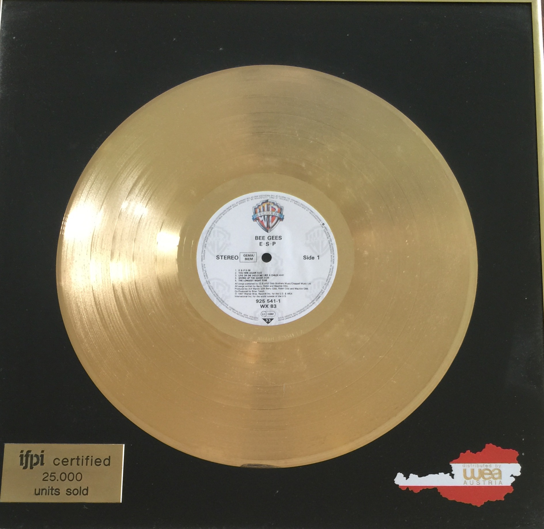 BEE GEES, 'E.S.P.', GOLD DISC 25,000 units sold.