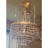 TWO 20TH CENTURY BRASS AND CRYSTAL CEILING LIGHT FITTINGS Four branch with glass drip fans and