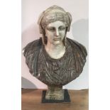A CARVED WHITE AND BROWN MARBLE LIFE SIZE PORTRAIT BUST OF A ROMANESQUE LADY (60cm x 79cm x 37cm)