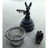 A COLD PAINTED BRONZE STATUE Of an Alsatian, a desk bronze, hunting rabbit, a glass and a white