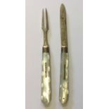 A LATE VICTORIAN HALLMARKED SILVER AND MOTHER OF PEARL TRAVELLING KNIFE AND FORK Retractable knife