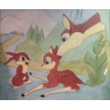 A PENCIL AND WATERCOLOUR SCENE FROM A DISNEY FILM Featuring deer, faun and rabbit, signed,