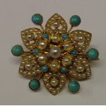 A VICTORIAN STYLE 18CT GOLD, SEED PEARL AND TURQUOISE FLOWERHEAD BROOCH/PENDANT The flowerhead