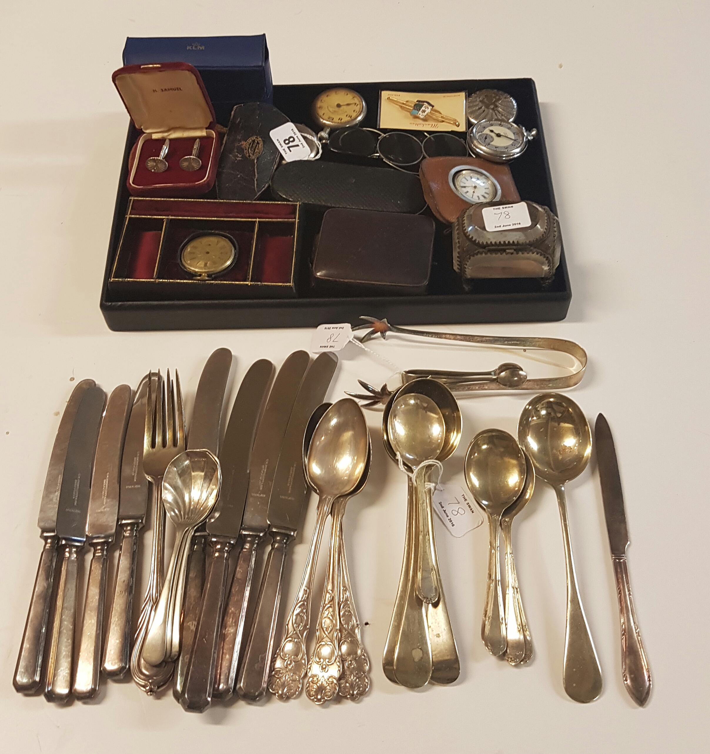 A COLLECTION OF POCKET WATCHES, SPECTACLES, CUFFLINKS AND SILVER PLATED CUTLERY ETC The pocket